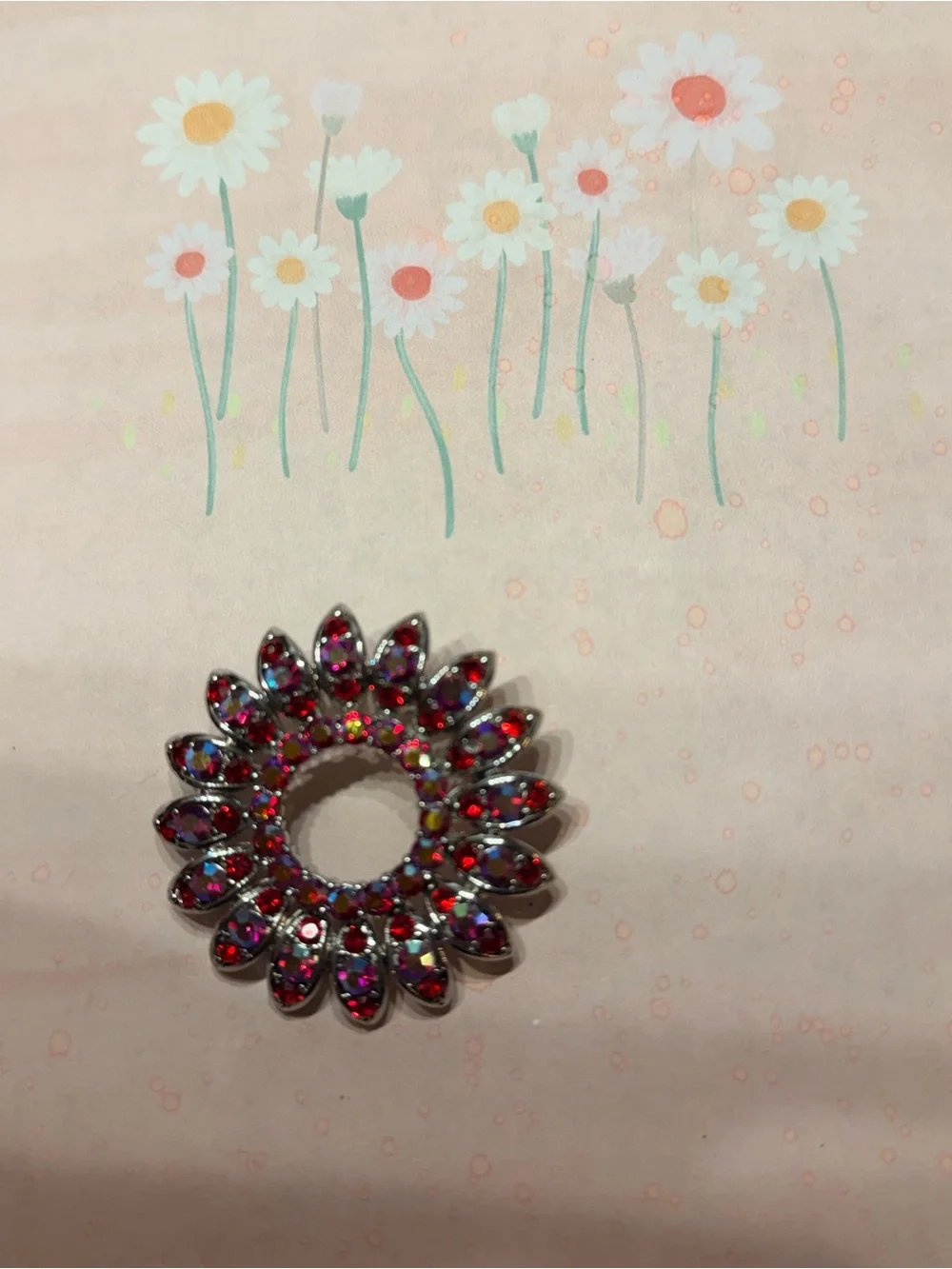 Sparkling Flower Circle Brooch - Pink/Red Crystal Accent